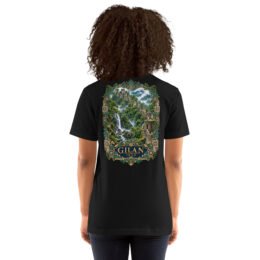 Black Gilan unisex t-shirt, back view with Rudkhan Castle, misty forest and waterfalls design
