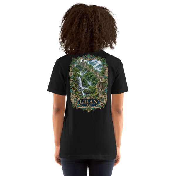 Black Gilan unisex t-shirt, back view with Rudkhan Castle, misty forest and waterfalls design