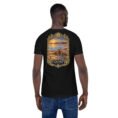 Black Qom unisex t-shirt, back view with Deir-e Gachin caravanserai, desert and salt lake design