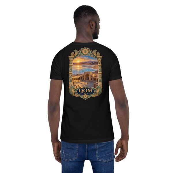 Black Qom unisex t-shirt, back view with Deir-e Gachin caravanserai, desert and salt lake design