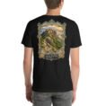 Black Qazvin unisex t-shirt, back view with Alamut Castle, Alborz cliffs and ancient rock motifs design