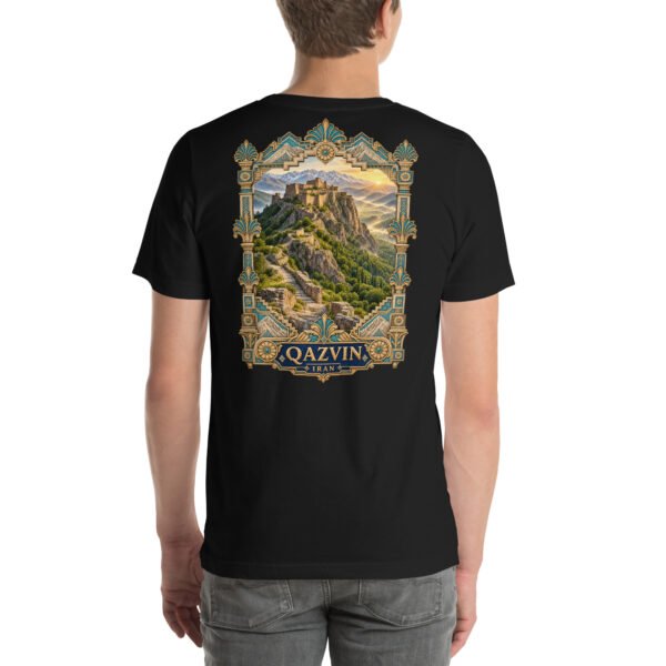 Black Qazvin unisex t-shirt, back view with Alamut Castle, Alborz cliffs and ancient rock motifs design
