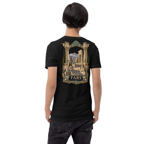 Black Fars unisex t-shirt, back view with Achaemenid column capital and Persepolis design