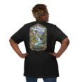 Black Chaharmahal and Bakhtiari unisex t-shirt, back view with Koohrang waterfall, Zagros cliffs and Bakhtiari kilim patterns design
