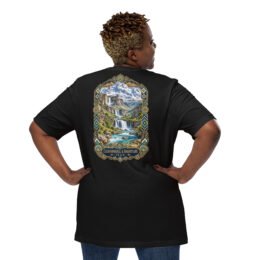 Black Chaharmahal and Bakhtiari unisex t-shirt, back view with Koohrang waterfall, Zagros cliffs and Bakhtiari kilim patterns design
