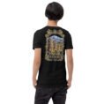 Black Ardabil unisex t-shirt, back view with Shahr-e Yeri stone figure in front of Mount Sabalan design