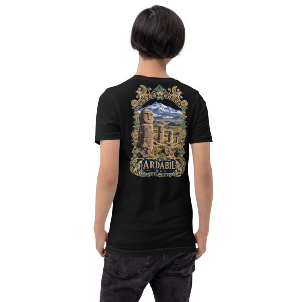 Black Ardabil unisex t-shirt, back view with Shahr-e Yeri stone figure in front of Mount Sabalan design