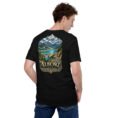 Black Alborz unisex t-shirt, back view with Alborz Mountains, dam lake and winding road design