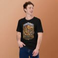 Black Hamedan unisex t-shirt, front view with Ganjnameh inscriptions and Mount Alvand design