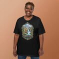 Black Chaharmahal and Bakhtiari unisex t-shirt, front view with Zard-Kuh and the Koohrang waterfall design