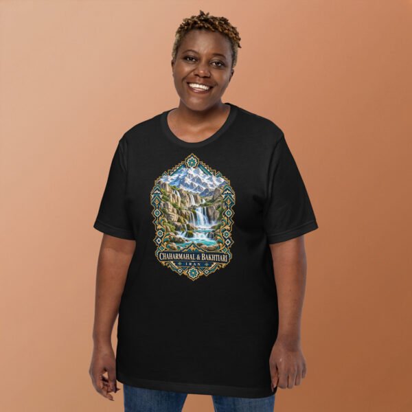 Black Chaharmahal and Bakhtiari unisex t-shirt, front view with Zard-Kuh and the Koohrang waterfall design