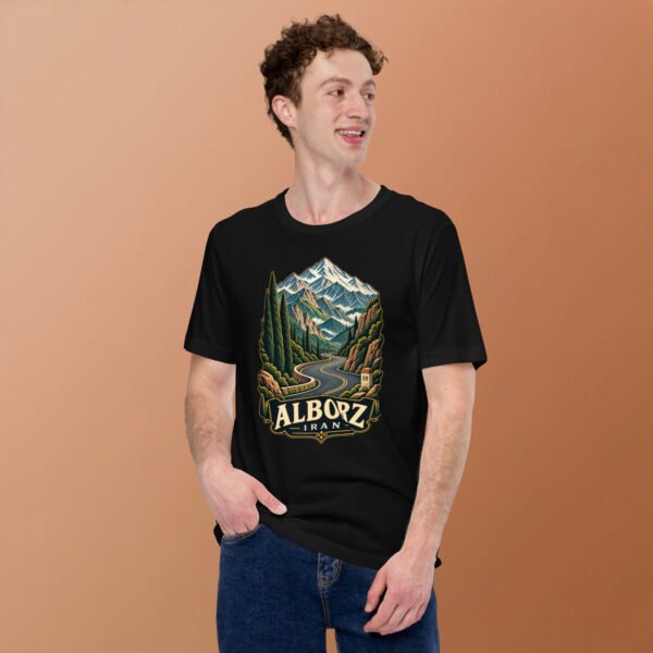 Black Alborz unisex t-shirt, front view with Chalus Road winding through the Alborz Mountains design
