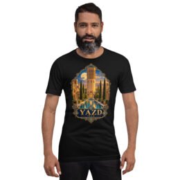 Black Yazd unisex t-shirt, front view with Narin Castle of Meybod and a traditional dovecote design