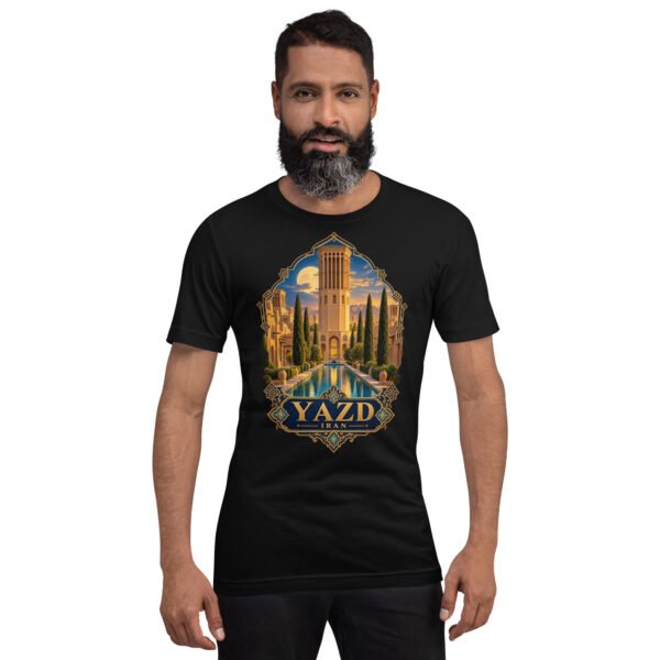 Black Yazd unisex t-shirt, front view with Narin Castle of Meybod and a traditional dovecote design