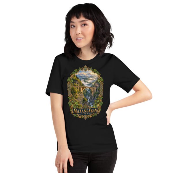 Black Mazandaran unisex t-shirt, front view with terraced springs of Badab-e Surt in the Hyrcanian forest design