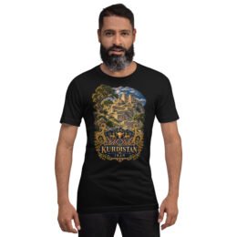 Black Kurdistan unisex t-shirt, front view with Ziwiye fortress and golden Mannaean motifs design