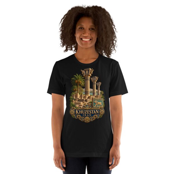 Black Khuzestan unisex t-shirt, front view with ancient Susa design