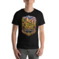 Black North Khorasan unisex t-shirt, front view with historic citadel of Shirvan and vineyards design