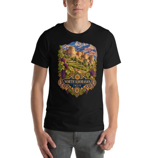 Black North Khorasan unisex t-shirt, front view with historic citadel of Shirvan and vineyards design