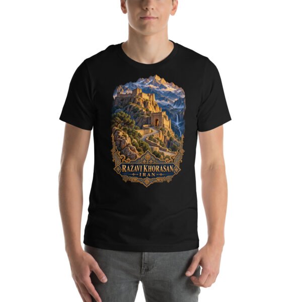Black Khorasan Razavi unisex t-shirt, front view with Tomb of Ferdowsi in ancient Tus design