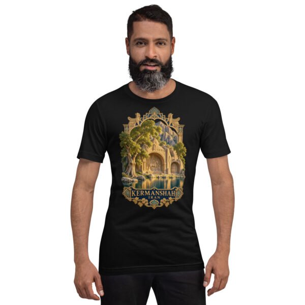 Black Kermanshah unisex t-shirt, front view with Taq-e Bostan Sasanian rock reliefs design