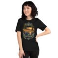 Black Isfahan unisex t-shirt, front view with Naqsh-e Jahan Square and Ali Qapu Palace design