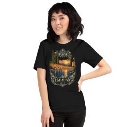 Black Isfahan unisex t-shirt, front view with Naqsh-e Jahan Square and Ali Qapu Palace design