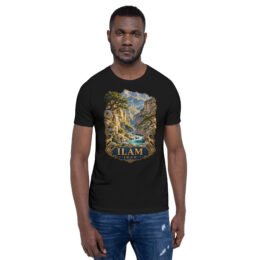 Black Ilam unisex t-shirt, front view with Razianeh Gorge in the Zagros Mountains design