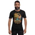 Black Hormozgan unisex t-shirt, front view with Portuguese Castle of Hormuz and the Persian Gulf design