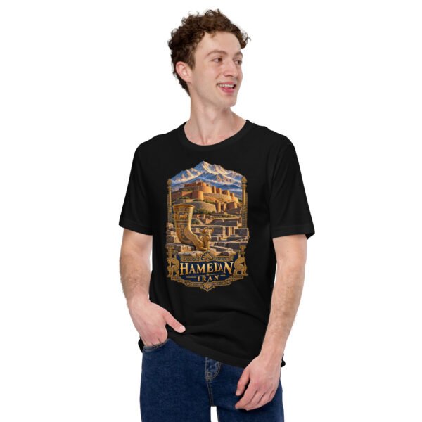 unisex-staple-t-shirt-black-front-6acbd9f3e31ba.jpg Black Hamedan unisex t-shirt, front view with Ganjnameh inscriptions and Mount Alvand design