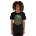 Black Gilan unisex t-shirt, front view with Rudkhan Castle in the Hyrcanian forest design