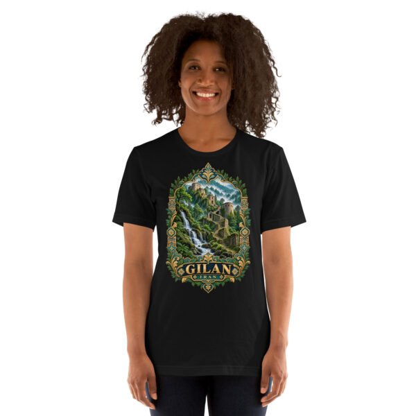 Black Gilan unisex t-shirt, front view with Rudkhan Castle in the Hyrcanian forest design