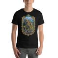 Black Qazvin unisex t-shirt, front view with Alamut Castle on its rocky Alborz cliff design