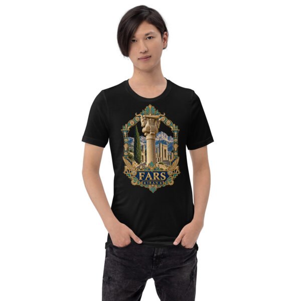 Black Fars unisex t-shirt, front view with Persepolis and Achaemenid columns design