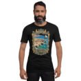 Black Bushehr unisex t-shirt, front view with ancient port of Siraf and the Persian Gulf design