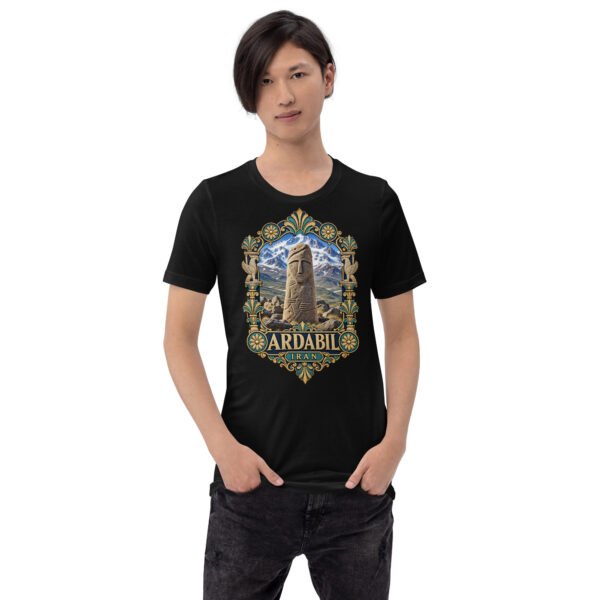 Black Ardabil unisex t-shirt, front view with ancient Shahr-e Yeri stone figures and Mount Sabalan design