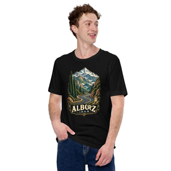 Black Alborz unisex t-shirt, front view with Chalus Road winding through the Alborz Mountains design