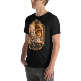 Black Zanjan unisex t-shirt, front view with Chehrabad salt mine and salt crystals design