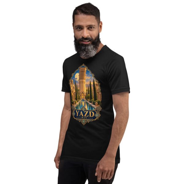 Black Yazd unisex t-shirt, front view with Narin Castle of Meybod and a traditional dovecote design