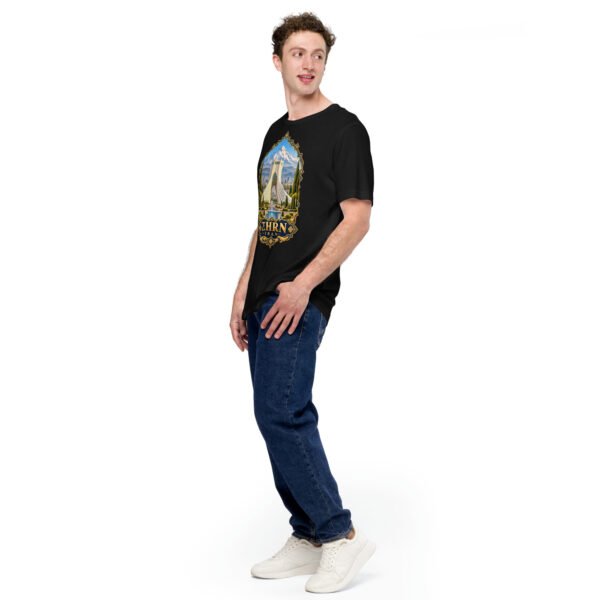 Black Tehran unisex t-shirt, front view with Azadi Tower and Mount Damavand design