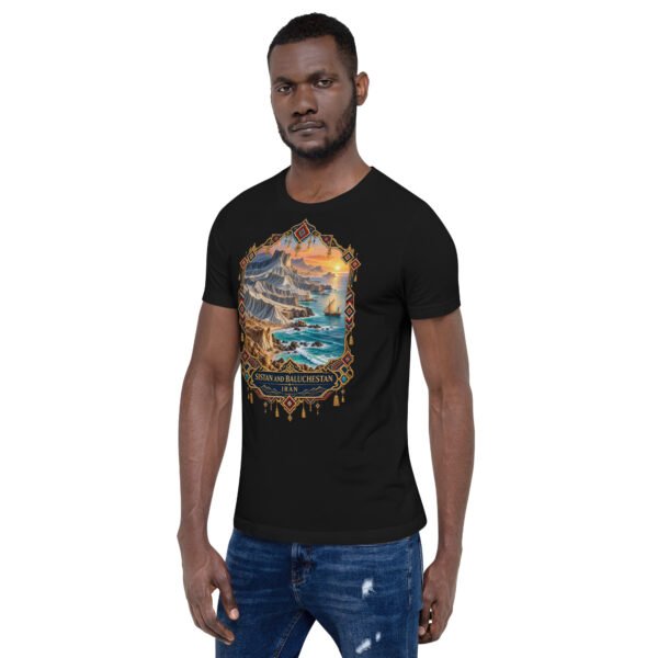 Black Sistan and Baluchestan unisex t-shirt, front view with Shahr-e Sukhteh, the Burnt City design