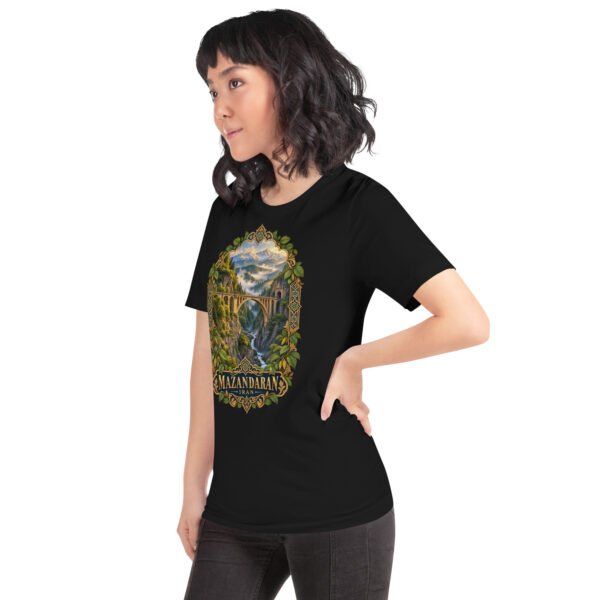 Black Mazandaran unisex t-shirt, front view with terraced springs of Badab-e Surt in the Hyrcanian forest design