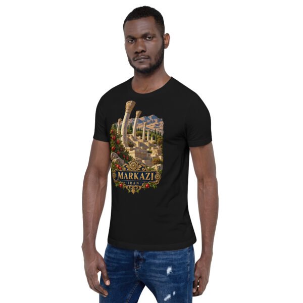 Black Markazi unisex t-shirt, front view with ancient columns of Khorheh design
