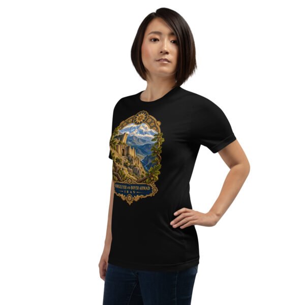 unisex-staple-t-shirt-black-left-front-6acbd04933c4f.jpg Black Kohgiluyeh and Boyer-Ahmad unisex t-shirt, front view with Tang-e Balqis gorge and Mount Dena design