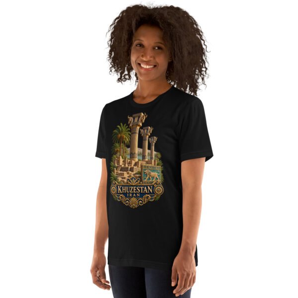 Black Khuzestan unisex t-shirt, front view with ancient Susa design
