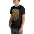 Black North Khorasan unisex t-shirt, front view with historic citadel of Shirvan and vineyards design