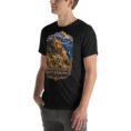 Black Khorasan Razavi unisex t-shirt, front view with Tomb of Ferdowsi in ancient Tus design