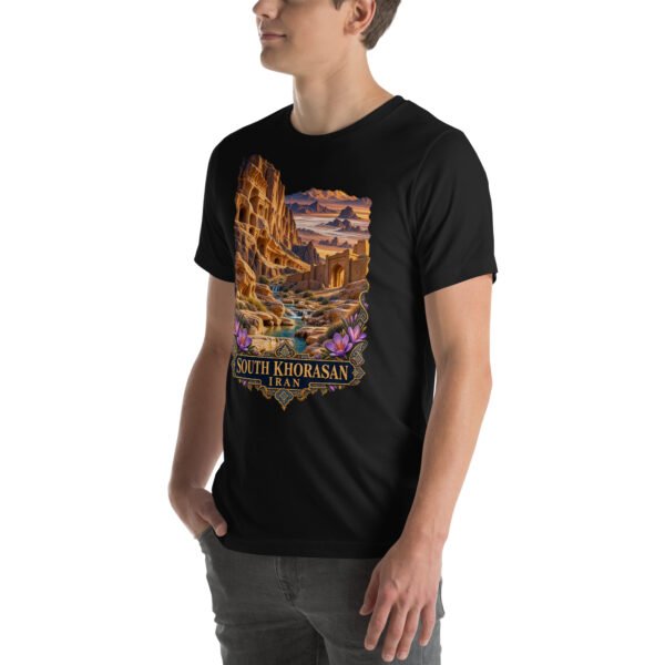 Black South Khorasan unisex t-shirt, front view with historic citadel of Birjand design