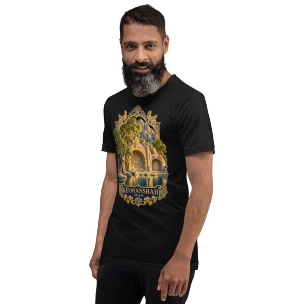 Black Kermanshah unisex t-shirt, front view with Taq-e Bostan Sasanian rock reliefs design
