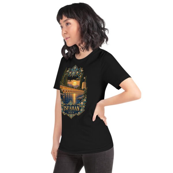 Black Isfahan unisex t-shirt, front view with Naqsh-e Jahan Square and Ali Qapu Palace design